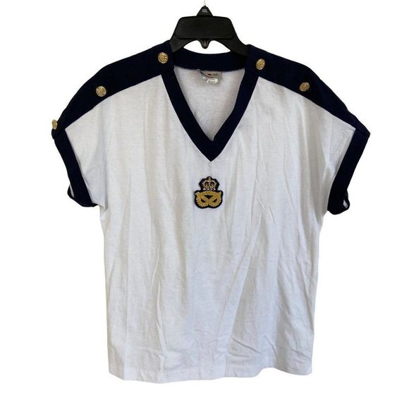 Vintage 90s French Navy T-Shirt Epaulets White Large - Picture 1 of 5